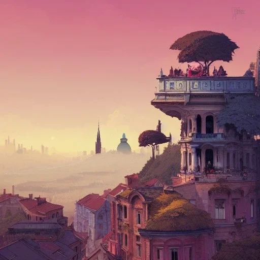 Skyline+city on inslands+Trainstation on cliff+Vignola classicism +palladio+detailed facades+uphill road+trees+ biopunk+Book illustration by Gediminas Pranckevičius, Jean Baptiste Monge, Brian Kesinger, Anton fadeev, Kilian Eng, strong lines, high contrast vibrant colors, highly detailed, 16k resolution, trending on behance