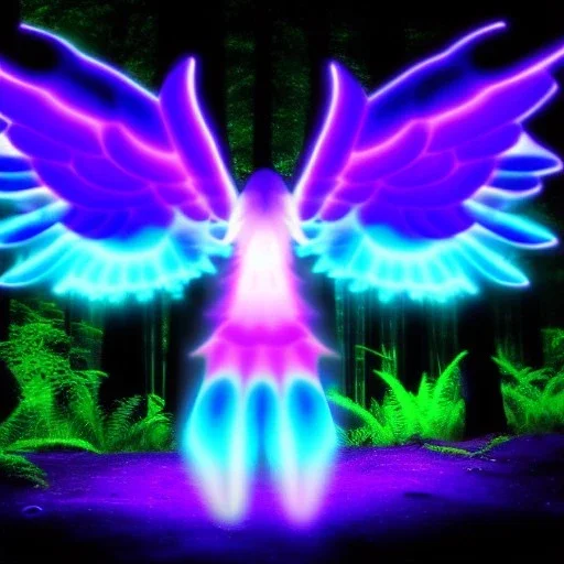 ultraviolet creature with wings in bioluminescent forest