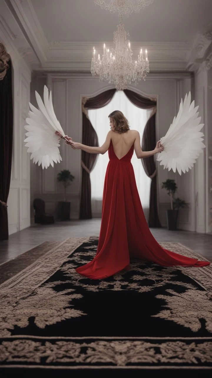 White wings, scissors, red dress on a black luxury carpet. Cinematic photo from above