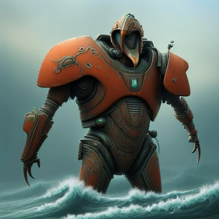 an ibis warrior in orange and green full battle armor, a highly detailed illustration, background of giant crashing ocean waves, realistic render, 8 k, micro detail, intricate, elegant, centered, digital painting, Artstation, smooth, sharp focus, illustration, artgerm, tomasz alen kopera, peter mohrbacher, donato giancola, joseph christian leyendecker, wlop, boris vallejo