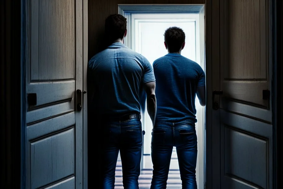 man in jeans and a shirt, back to the camera, standing in a row of doors, looking out through a doorway
