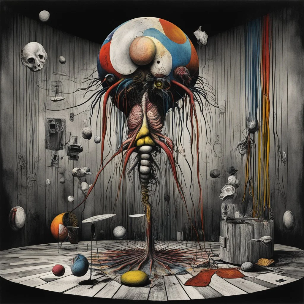 Autophagy body consuming itself, rule of thirds, by Gerald Scarfe, by Joel Peter Witkin, asymmetric surrealism, volumetric lighting, existential dread, colorful, surrealism, primary colors, bar code art effect