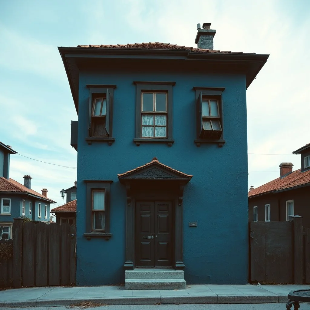 Fotografia di strada assurda e falsa orripilante blu weirdcore dai colori vivaci. Noe. Non luogo falso, inusuale. Max Ernst. Le case sono false e dipinte di nero chiaro con cose stilizzate e dettagli. Ci sono finestrelle false quadrate, che danno un senso distopico e molto surreale, disposte in modo casuale. L'atmosfera generale sembra noiosa e onirica, con un contrasto tra elementi reali ed elementi dipinti falsi, René Magritte