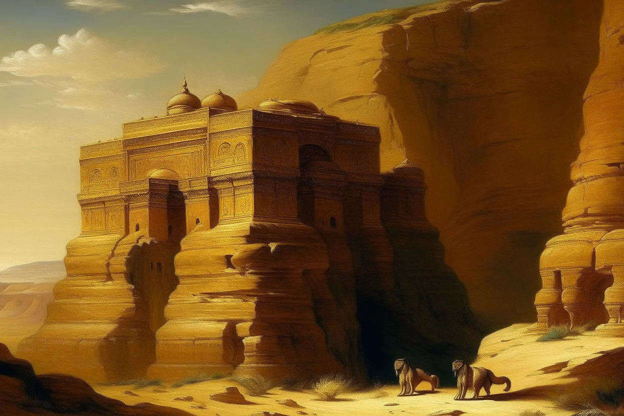 An Egyptian golden palace in a brown rocky desert painted by Francis Danby