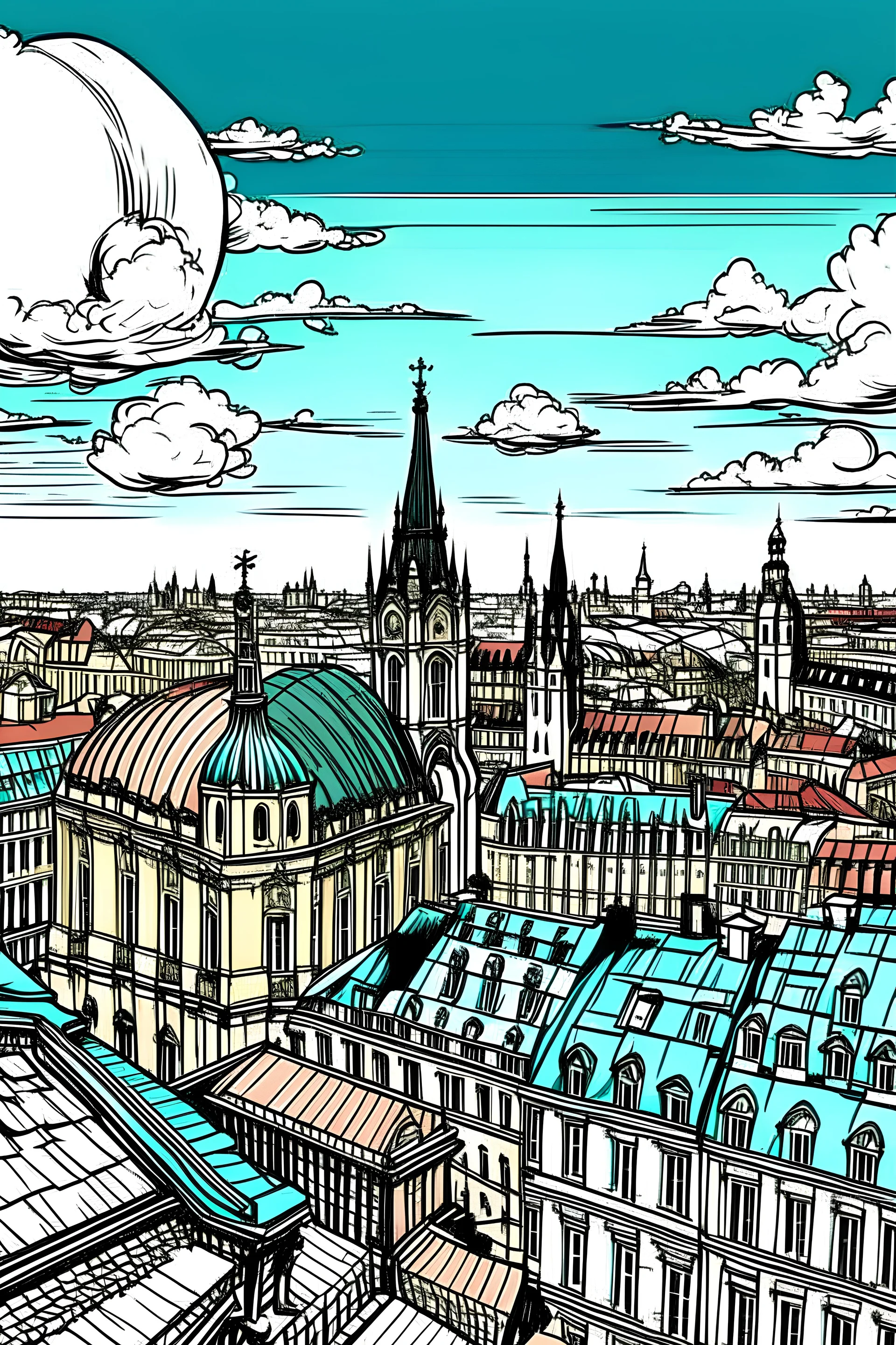 very romantic city panorama vienna with charakterictic architecture, comics style, two people