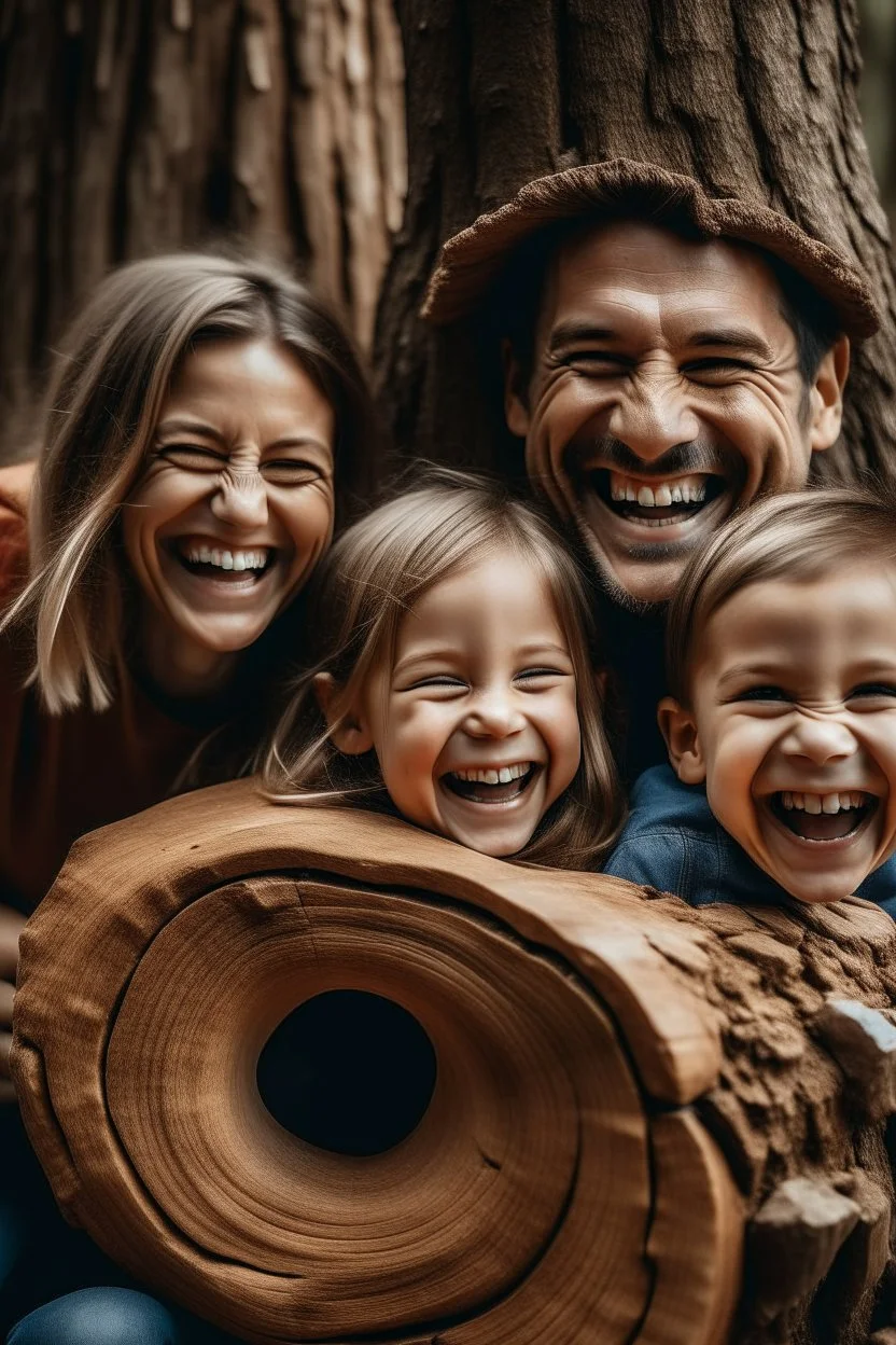 une joyeuse famille souriante sculté dans une buche en bois.