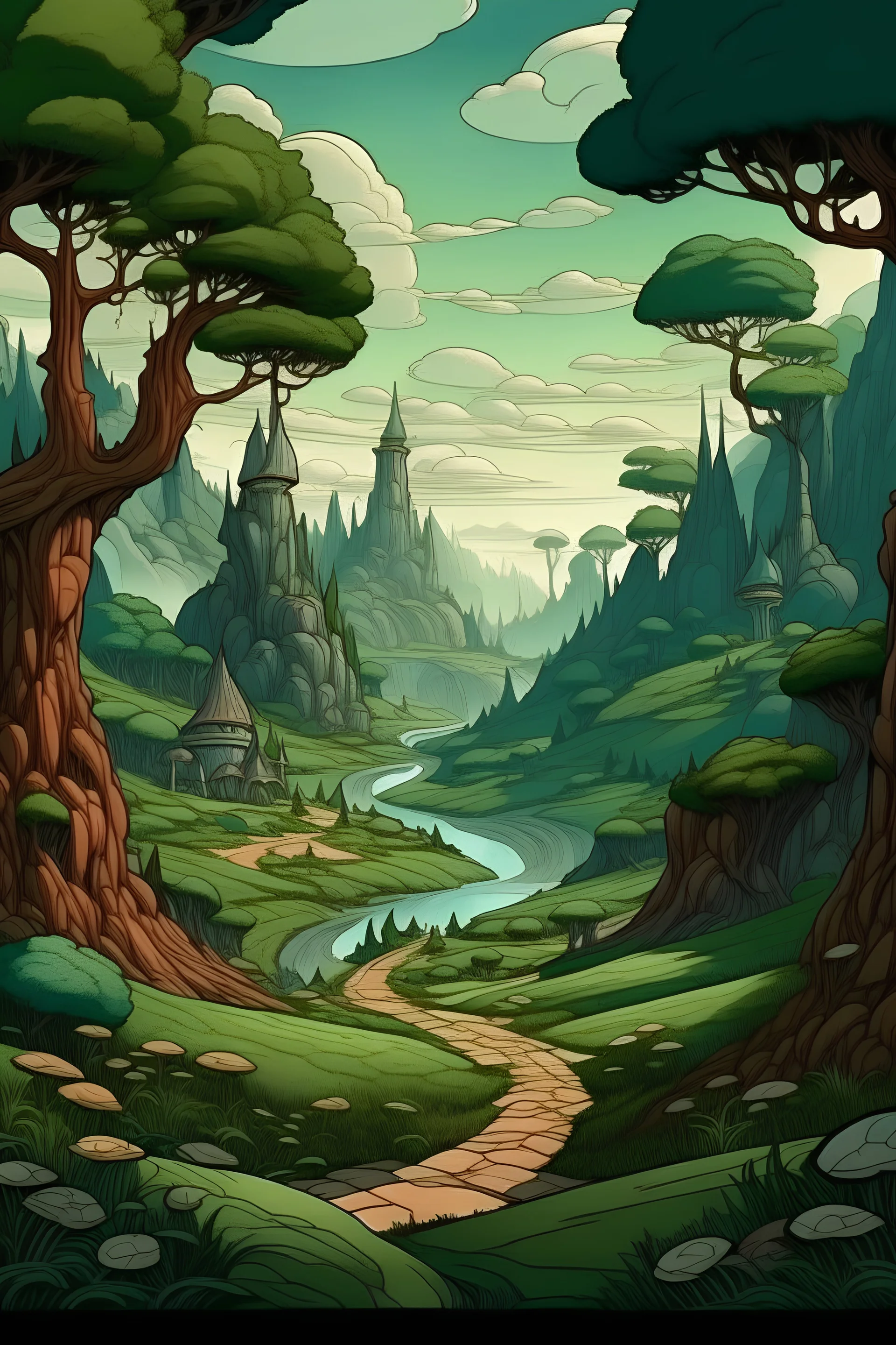 anime landscape, fairytale landscape medieval, dr. seuss landscape, landscape, dark, steep round hills, silly trees