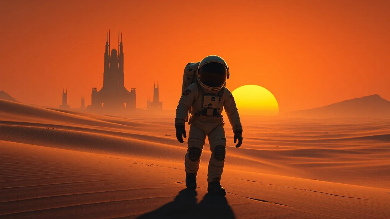 In the distant future, a lone astronaut stands on an alien desert, the sun setting in vibrant hues of orange and yellow and red. His helmet reflects the light as he gazes at towering structures on the horizon—remnants of a once-great civilization. With every step through the barren sands, the weight of his mission grows heavier. Is he a pioneer, The silence and black shadows around him , surreal, dark sci-fi, utopistic vibe