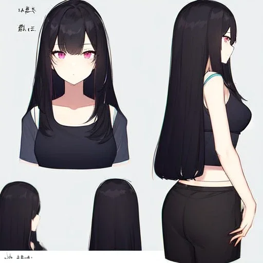 Clear focus,High resolution, Black long fluffy hair, long bangs, and pink eyes, Depressed girl, wearing a crop top, black shorts, short black fingerless gloves, Concept art