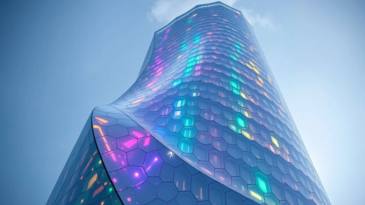 A towering skyscraper with sweeping, curved surfaces made of translucent, iridescent glass. The building features a hexagonal honeycomb pattern of windows that allow light to cascade through, creating a rainbow effect inside and outside. Award-winning photograph, stunning clarity, beautiful composition, exquisite detail and illumination