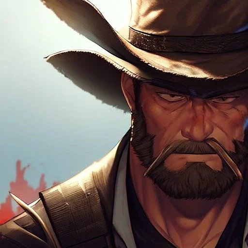 Clear focus, High resolution, max detail, Portrait, bearded, Gunslinger, Cowboy, cowboy hat, serious face, Blood Splatter