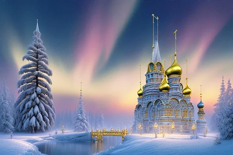  russian palace gold white，waterfall, blue lake, winter snow flakessnow, northern Lights blue pink, full of details, smooth, bright sunshine，soft light atmosphere, light effect，vaporwave colorful, concept art, smooth, extremely sharp detail, finely tuned detail, ultra high definition, 8 k, unreal engine 5, ultra sharp focus