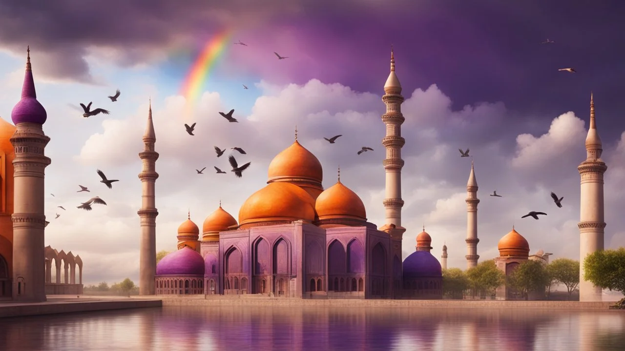 Hyper Realistic Orange & Purple Mosque with Brown Minarets riverside at beautiful cloudy weather & Rainbow with birds flying