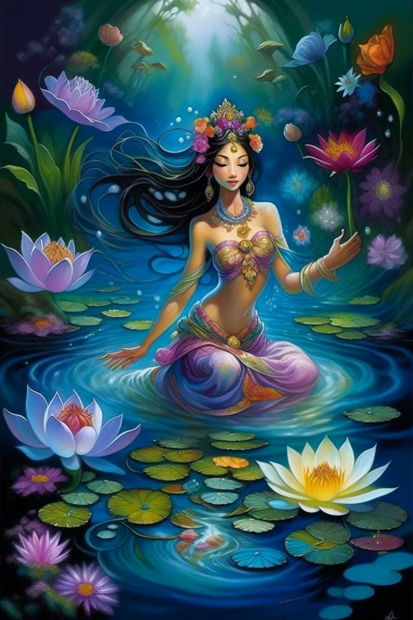 Alchemy RefinerSsterbenart A graceful floating water goddess Suggested details Asian-like style A graceful floating water goddess, her delicate figure is surrounded by a tranquil garden of ethereal water flowers. These flower petals convey many emotions, moving gently with the wind rippling on the surface of the clear water. The stems of aquatic plants come in many vibrant colors, dazzling with their beauty. This captivating scene is depicted in a painting of stunning detail, where every aspect