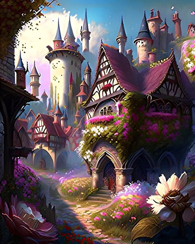 medieval fantasy castle town with flowers rpg art