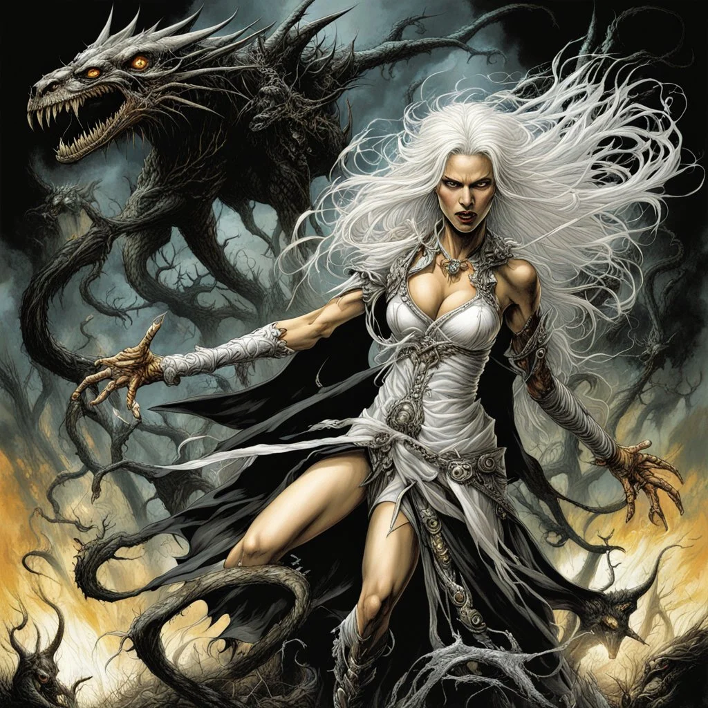 Dark fantasy poster art, beautiful white-haired white sorceress battling terrifying eldritch horrors, Epic Dark Shines War, by Dave McKean, by Luis Royo, surreal horror fantasy, dramatic, expansive, kinetic, color ink illustration, rich dark colors, gothic dark fantasy, octane rendering, intricate details