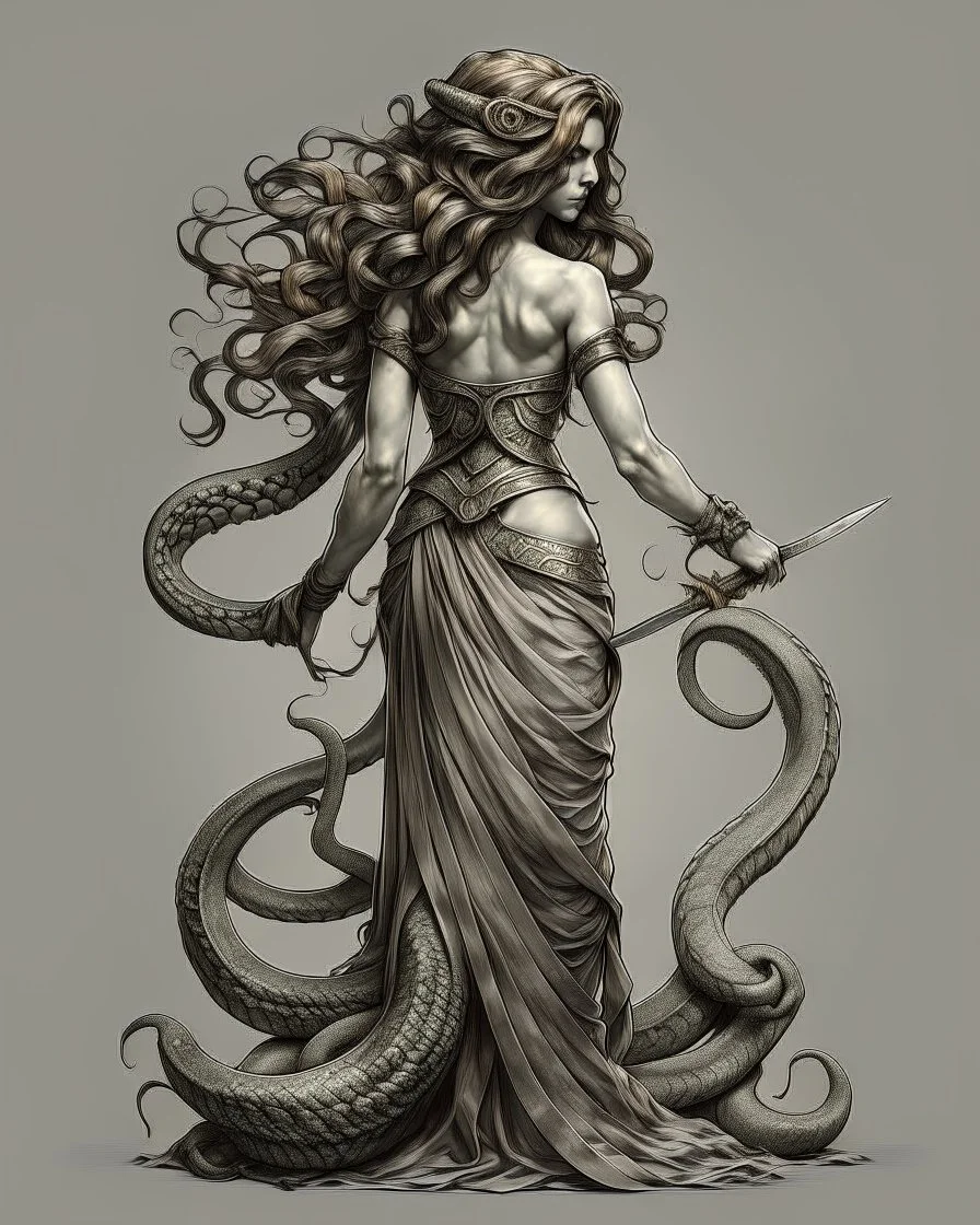 full-length, detailed persona, sword in hand, gorgon medusa, from the back, half-turn, full-length, leans on one leg, snakes on the head instead of hair