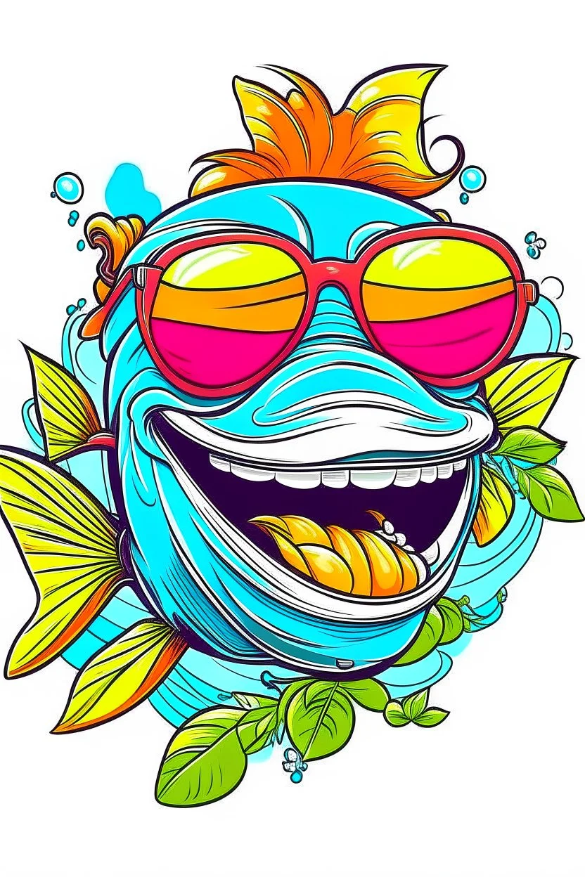 A groovy fish with a wide, toothy grin, rocking sunglasses and a flowered shirt. Style: Pop Art, Mood: Fun and Funky, Lighting: Bright sunlight, T-shirt design graphic, vector, contour, white background.