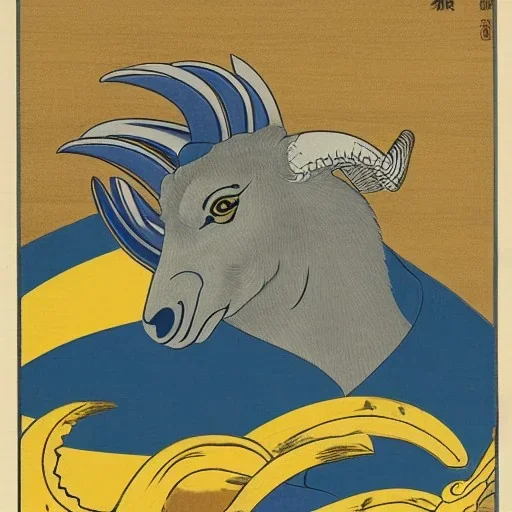 Ukiyo-e style illustration of blue and yellow Bighorn Ram holding a football