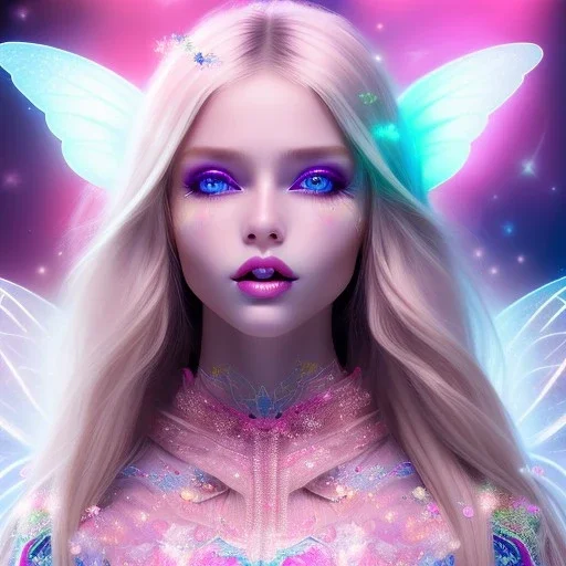 beautiful, soft, big smile face, whole head, long straight blonde hair blues eyes, crown on the head, clothing in transparent bluish and pink veil,fairy wings on the back, background brillante bluish and pink, hight definition, 8K