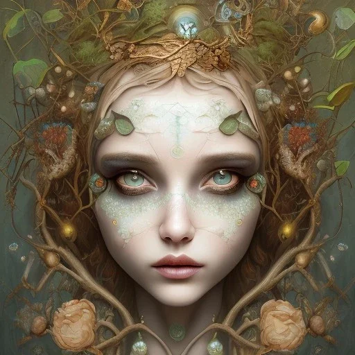 singer Danish <MØ> face, karlan, rusty metal, Dryad, fae, sidhe, ominous, nature, plants, wildflower, facepaint, dnd character portrait, intricate, oil on canvas, cute big circular reflective eyes, cinematic smooth, intricate detail , soft smooth lighting, soft pastel colors, painted Renaissance style