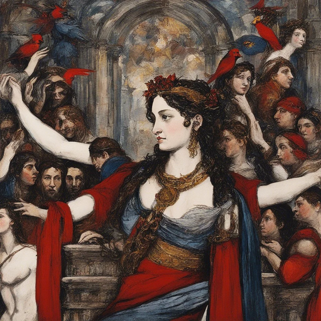 [art by Jean-Paul Riopelle] Circe the incredible nymph with lovely braids in Sistine Chapel, she is surrounded by cardinals in the conclave