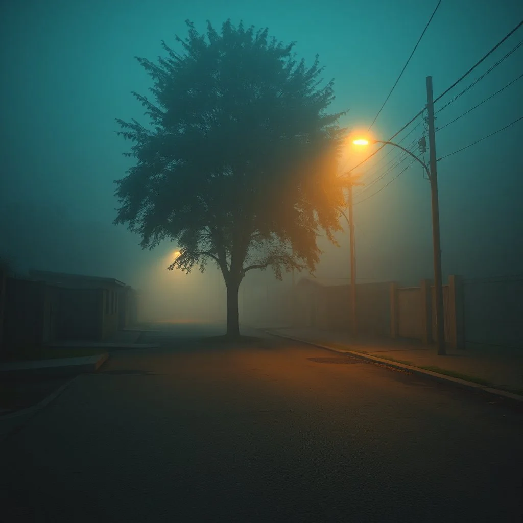 A nostalgic image of a dimly lit, foggy street in the outskirts with a pastel blue and brown color scheme. The street has a textured, rough surface. There is a tree in the corner. The background contains a few buildings. The overall atmosphere is eerie and foggy.