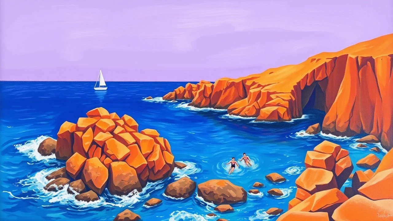 A vibrant painting depicts a rocky coastline with two swimmers in the blue ocean. The scene is framed by orange-red cliffs under a purple sky, with a small white sailboat in the distance.