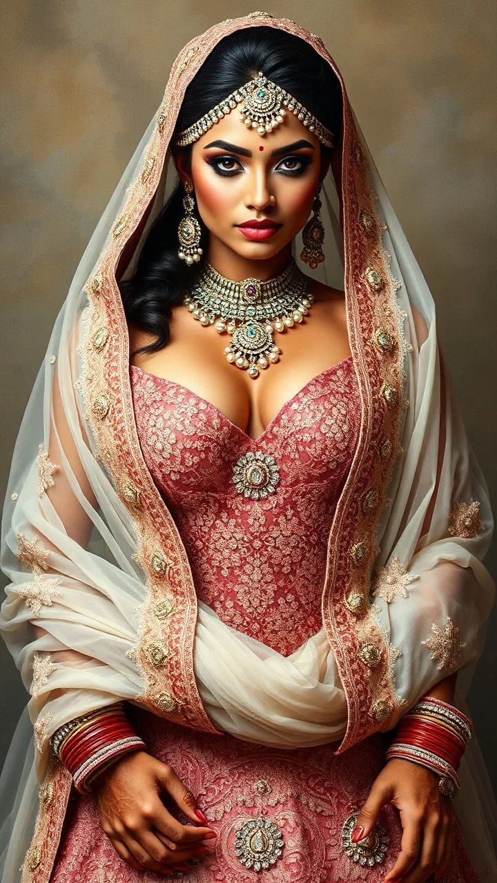 A stunningly powerful South Asian bride, her muscles visible beneath the intricate folds of a designer bridal dress. The bridal makeup highlights her features, emphasizing her beauty and strength. This striking image, whether a painting or a photograph, exudes elegance and power. The bride's muscular physique perfectly complements the traditional bridal attire, creating a truly mesmerizing visual feast. The high-quality detail and vibrant colors bring this unique fusion of strength and beauty to