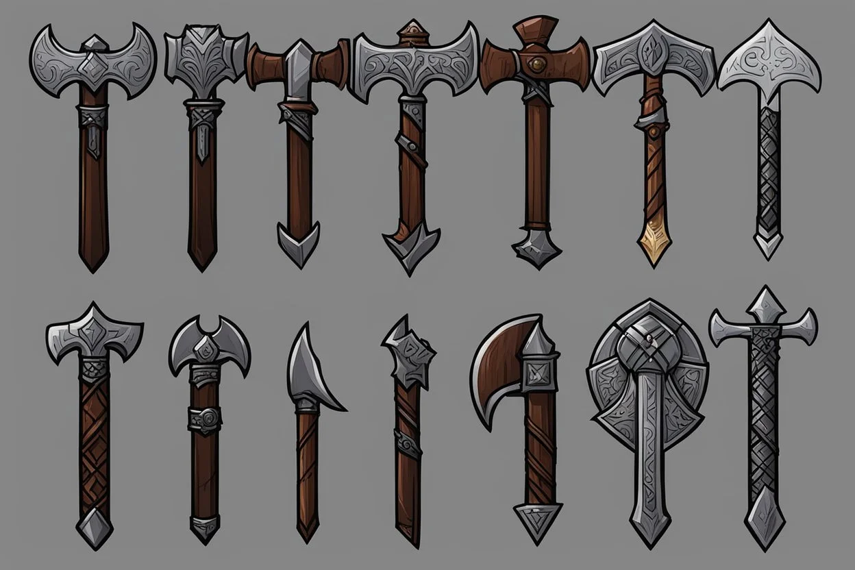 Here's some more culturally-flavored axe designs for Ancardian homebrew shenanigans! While there are fantasy-stylings for each type associated with each culture, these are all meant to be practical and functional axes, with most of them being strongly influenced by one-handed and big battleaxes that existed in historical cultures. Quite a few of these are not strictly axes, but would effectively use the stats for a one or two-handed axe in 5e rules. I'm especially a fan of that Gnollish Axe-Club