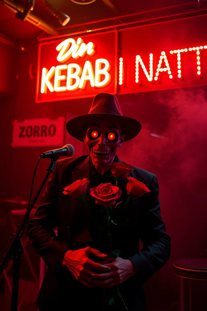 An spanish Guy with psychotic big eyes "Enrique" performing at dance club, his name is the stalker "Enrique" Red roses On stage, red Neon lights and smog, and "Din KEBAB I NATT" big sign on the wall, serenade under balcony, ZORRO vibes