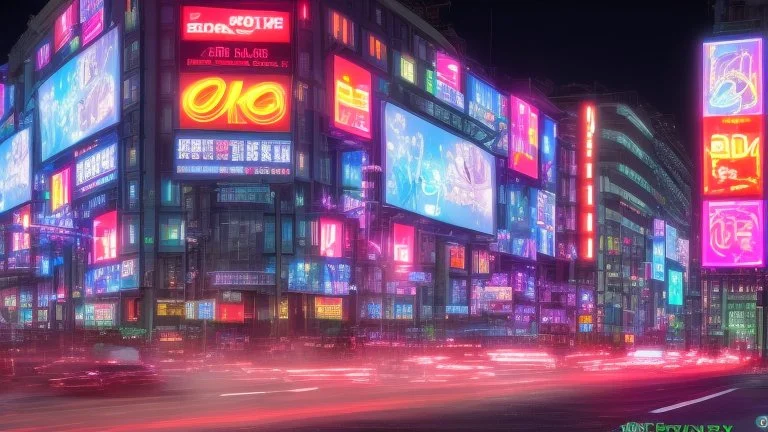 a billboard branded Odk Tokusentai in neon light, in the city center, at night.