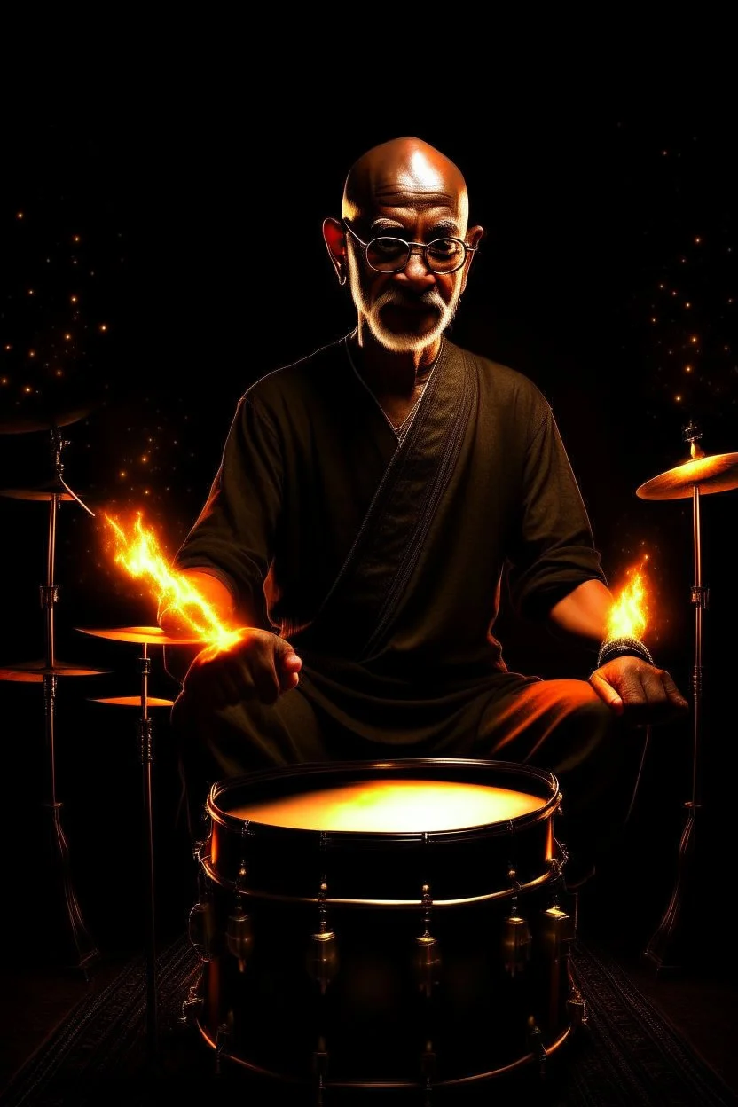 4K realistic, Gandhi playing drums in a metal band, black background, bright flames all around