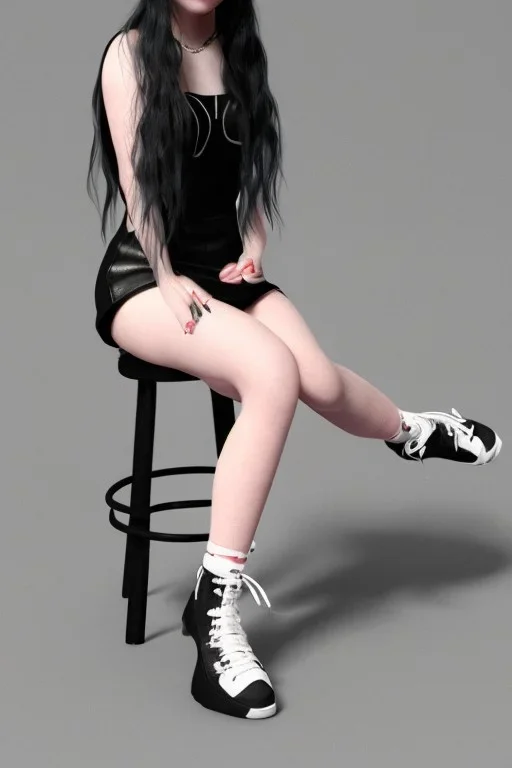 Billie Eilish, sitting on a chair, Black Short Dress, high detail, realistic