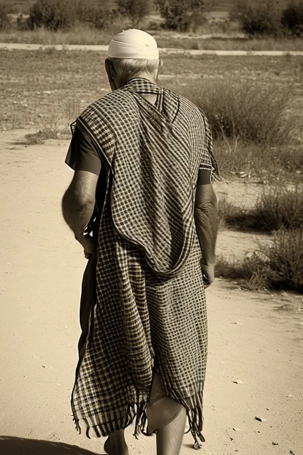 An old man wearing an Arabic keffiyeh, his back bent, walking barefoot, holding his cane upside down, looking back and holding his shoe in his hand.