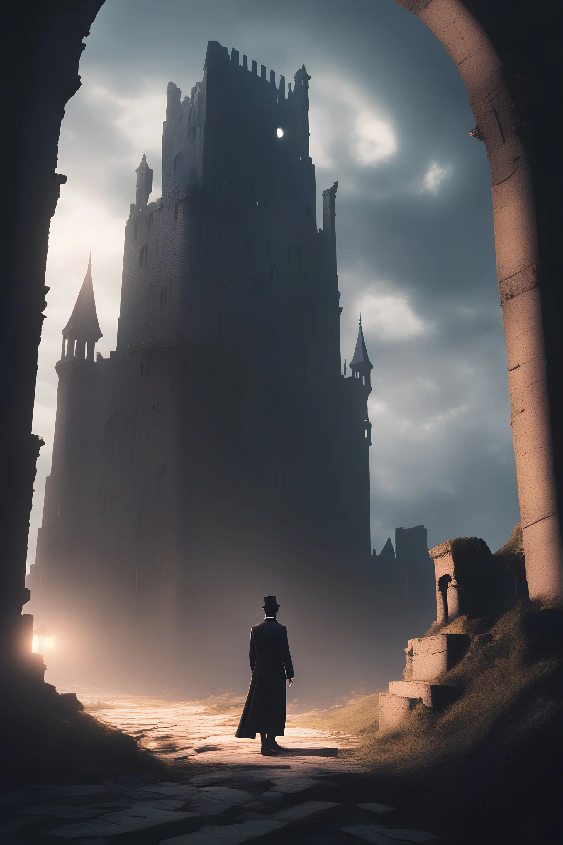 A youthful magician approaches a lonely ruined tower, dressed in formal wear, cinematic lighting, ray tracing, ominous vibes