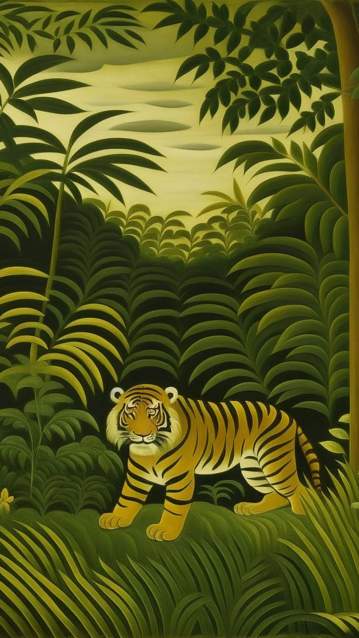 A tiger in an olive green colored jungle painted by Henri Rousseau