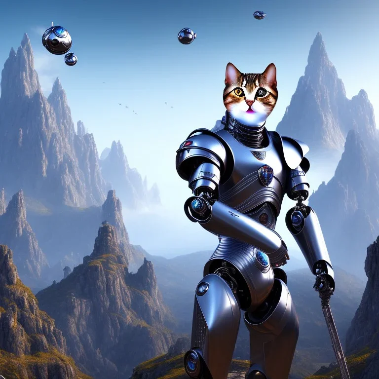 a cat-like robot with blue eyes and cyber elements wearing a medieval armor, mountains in background, high detail, photo, 8k, ray-tracing