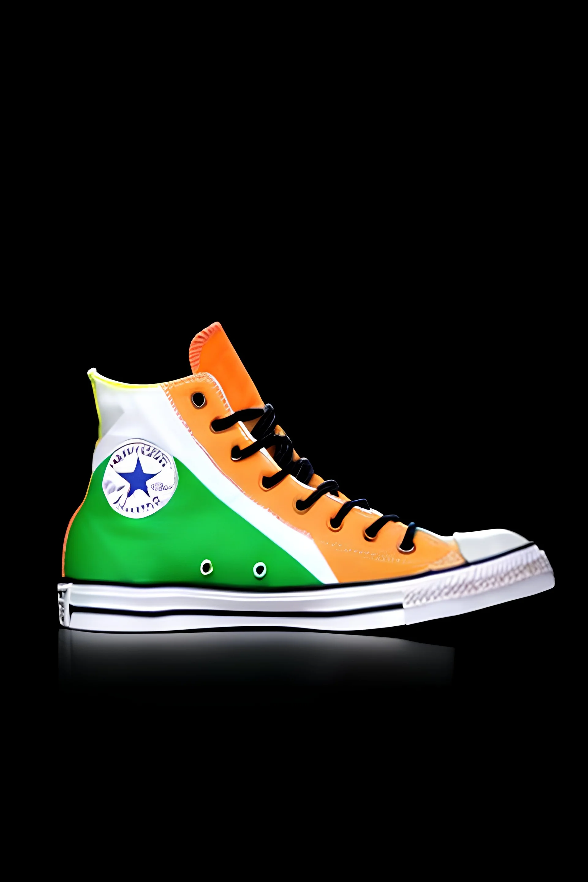 A converse sneaker with India's flag printed on the material, green, white and orange