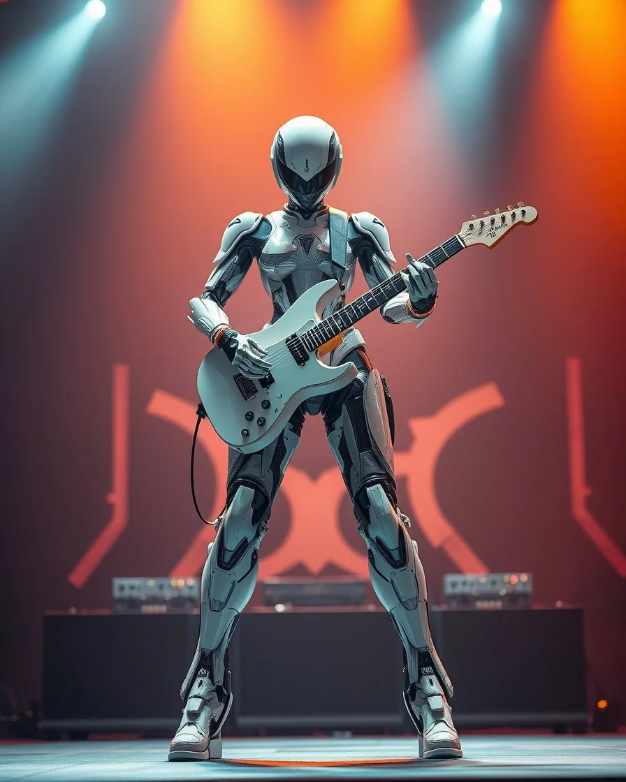 Dynamic pose Rocker, Front view full body all to feet rendering Beautiful Female as Futuristic Hybrid mecha Robot Guitarist body chasing clear surfaces it from made transparency super clear glass explore inside components nature plants, advance design futuristic sci fi picture,find details futuristic stage music background ,Sony Alpha 7 50mm 1.8,medium shot, high-resolution image with fine details,ultra detailed,ultra realistic,extremely realistic,intricate,photorealistic