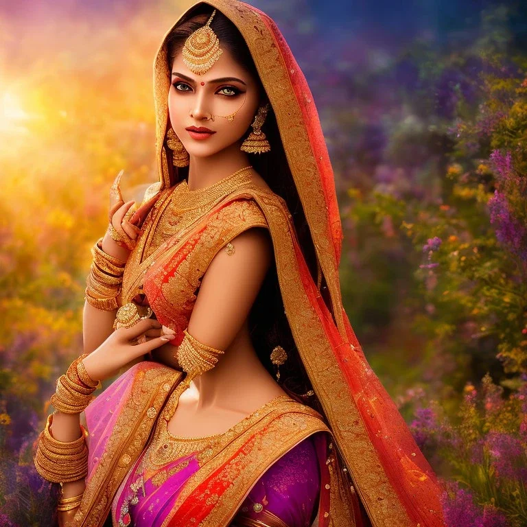 bright indian fairy, beautiful portrait, flowery landscape, light, sun