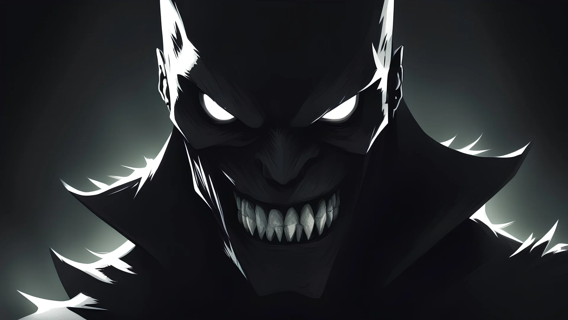 Badass Shadow man with sharp glowing white eyes and sharp shadow teeth