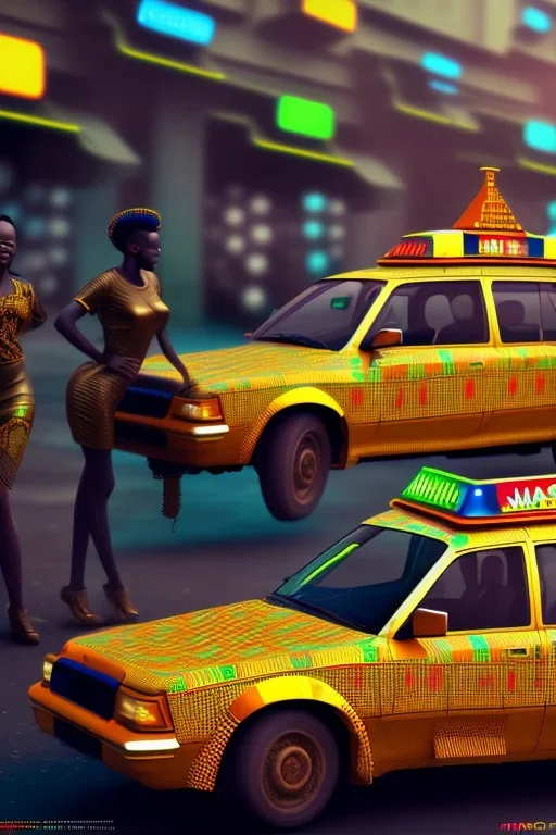 cyberpunk, kente, ghana taxi, ghana bus, village, 8k quality