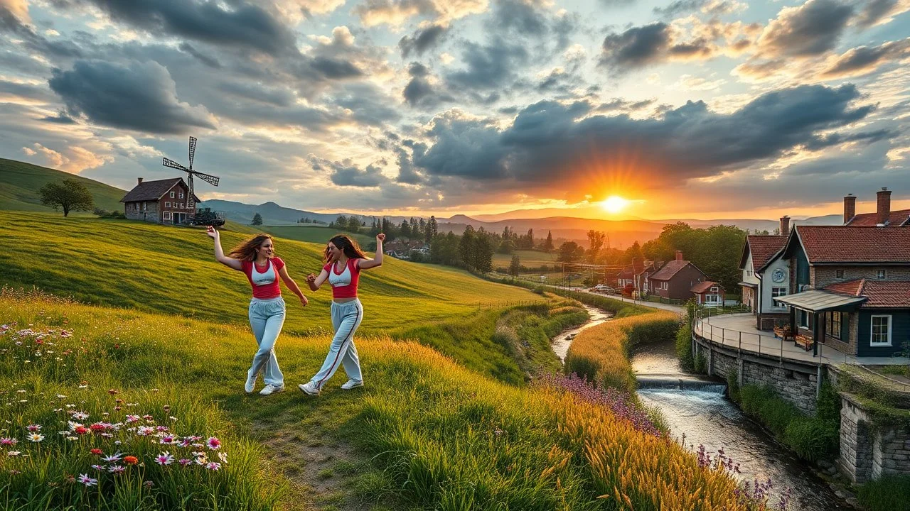 a group of young ladies in sports pants and blouse are dancing to camera in village over high grassy hills,a small fall and river and wild flowers at river sides, trees houses ,next to Ripe wheat ready for harvest farm,windmill ,a pretty train is arriving to station,a few village local shops ,cloudy sun set sky