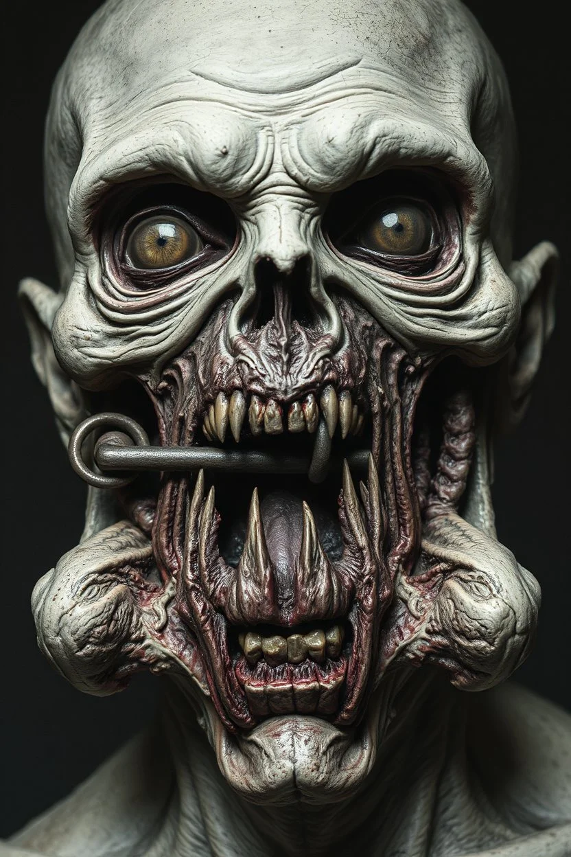 The face of a prisoner man with iron lucked on his mouth . Scary face , decayed and rotting with grotesque proportions and imagery. abstract grotesqueries, detailed texture, surreal horror, biomechanical design, by hr giger and beksinski