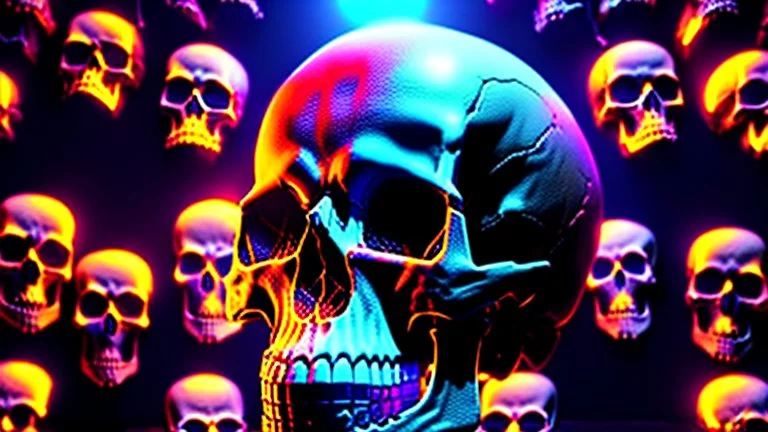 hundreds of non-anatomically correct, dark comic art, graphic novel,human skulls stacked into a wall unusual neon lighting, high velocity, 64k, dystopian, vray,