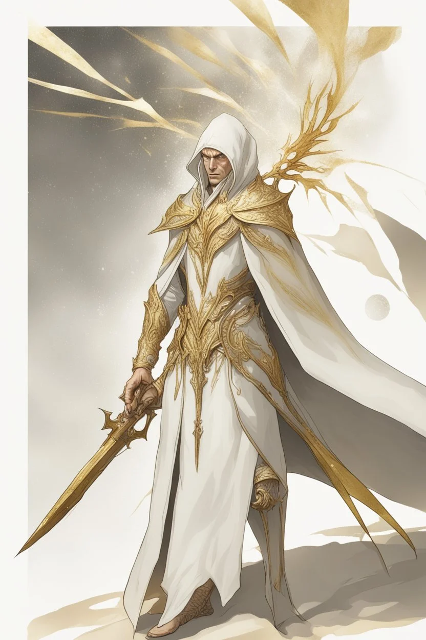 High elf time wizard wearing gold hemed white cloak