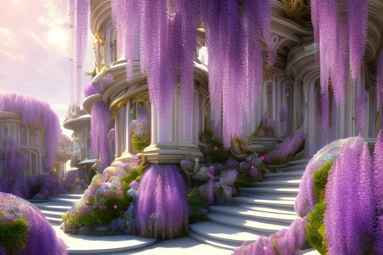 a magical crystal flower lys bougainvillier, arbor of pink wisteria, blue gold house crystal castle in wood of a lot of pink wisteria,blue lake,sun,white swanns,pink vertical, blue lake,sharp, vines, candlelit, endor, ornate, elegant, highly detailed, artstation, concept art, smooth, sharp focus, illustration, 8k, splash art, wallpaper, key visual