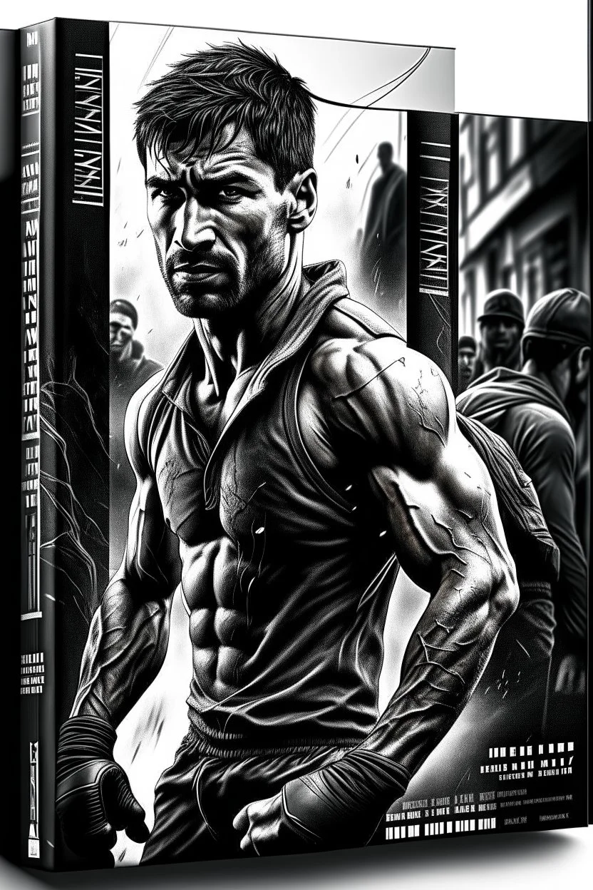 white skin man , book cover design reflecting the journey of a young, ex-boxer fighting immigrant with a heavy past and long path of challenges. The design captures his hopeful spirit amidst adversity, portrayed in a modern setting with a black and white color scheme that adds depth and emotion to his character.