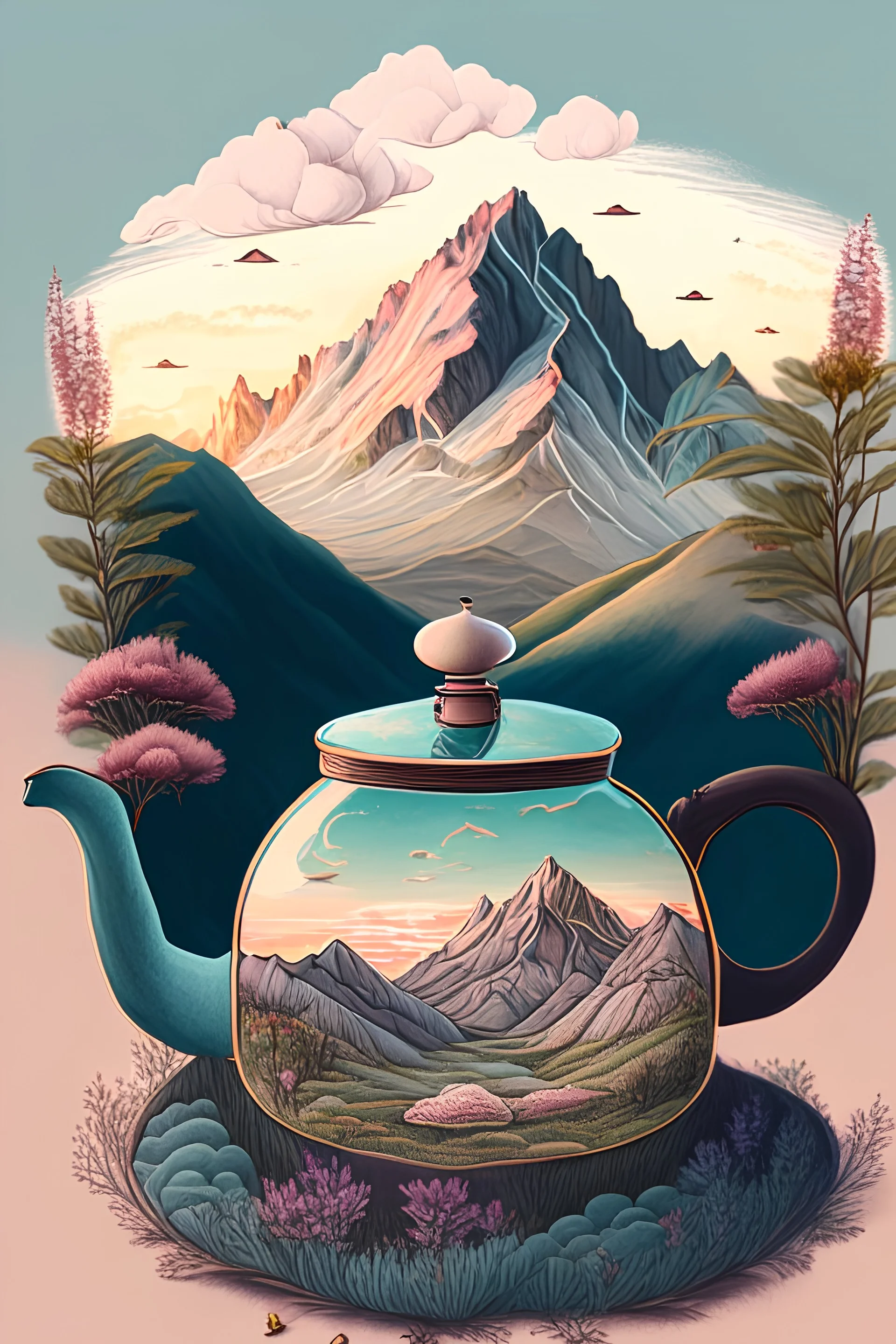 Cozy vibes drawing art tea pot, garden inside tea pot, mountain range in background